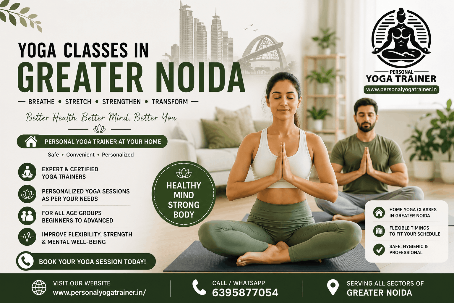 Certified personal yoga trainer conducting home yoga classes in Greater Noida for fitness, weight loss, flexibility and stress management