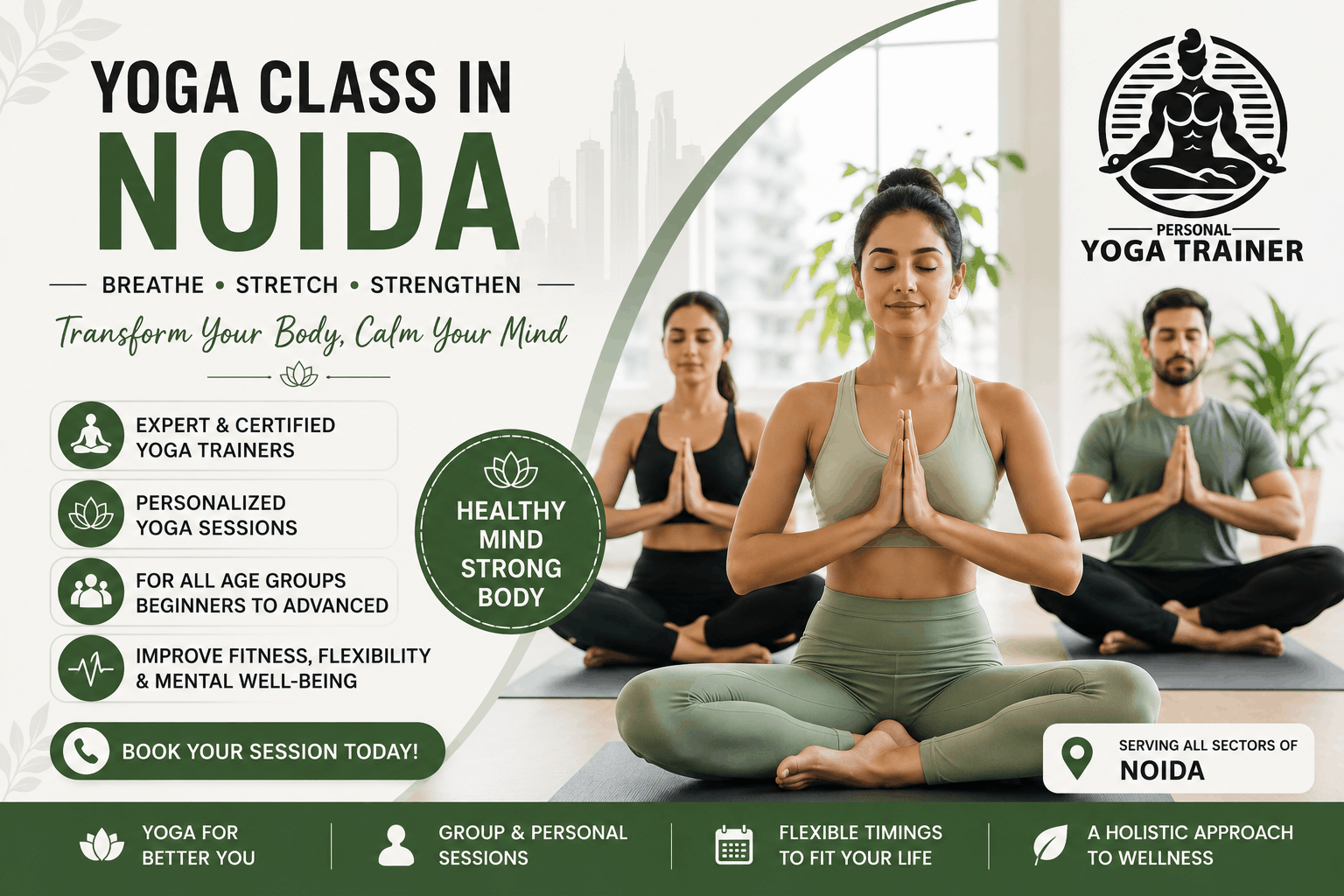 Professional home yoga class in Noida with certified personal yoga trainer providing customized yoga sessions for fitness and wellness