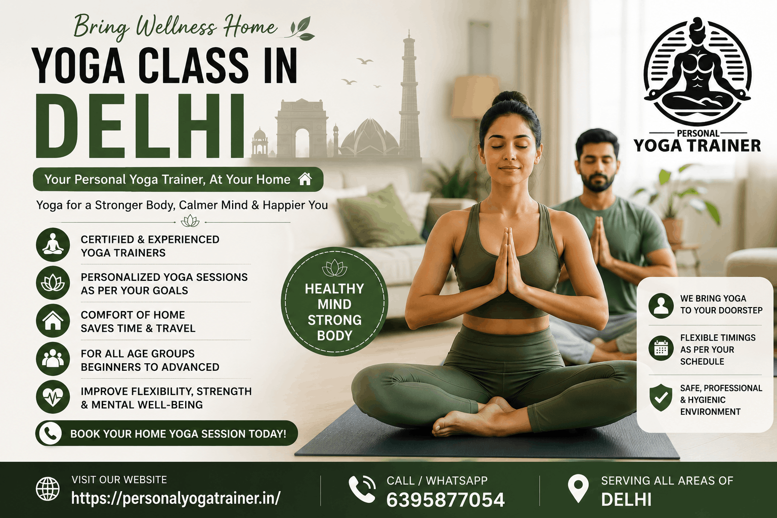 Certified personal yoga trainer conducting home yoga classes in Delhi for weight loss, flexibility, fitness, stress relief and overall wellness