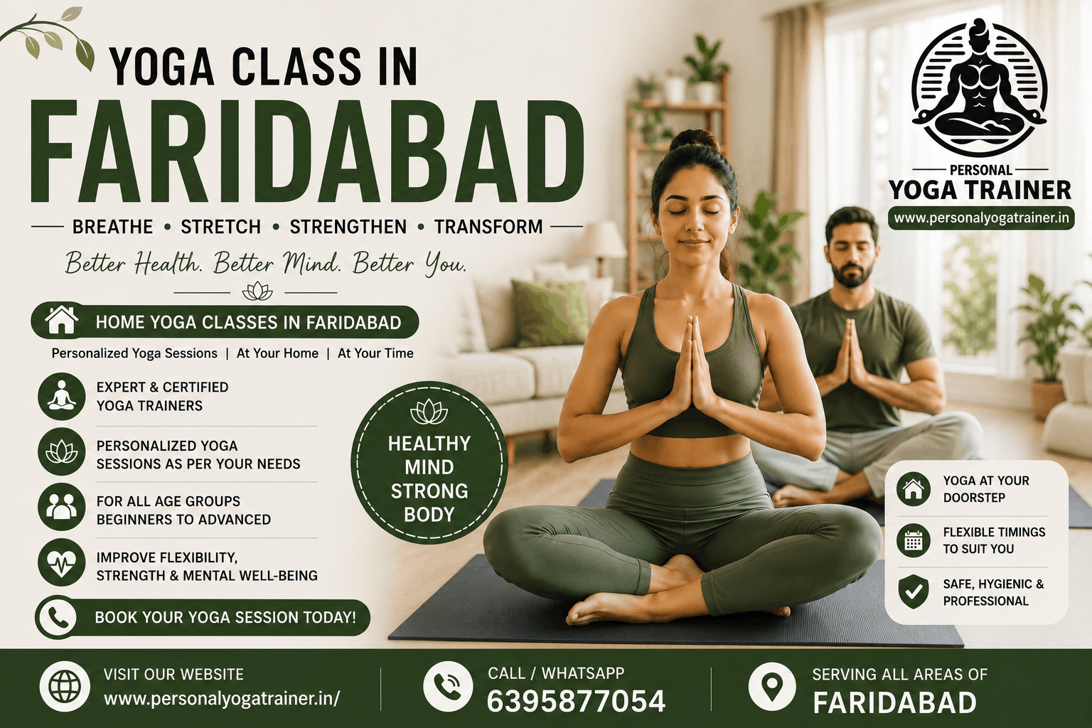 Professional home yoga class in Faridabad with certified personal yoga trainer for fitness, flexibility and wellness